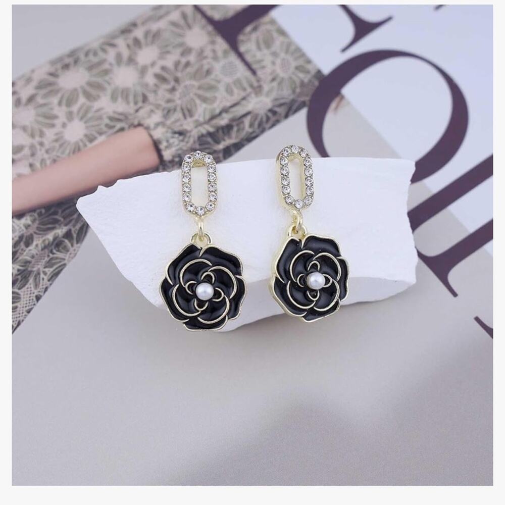Designer Black Camellia Pearl Dangle Earrings - Picture 3 of 7